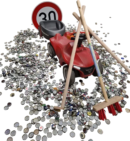 Kronkorken mit Bobbycar und Besen